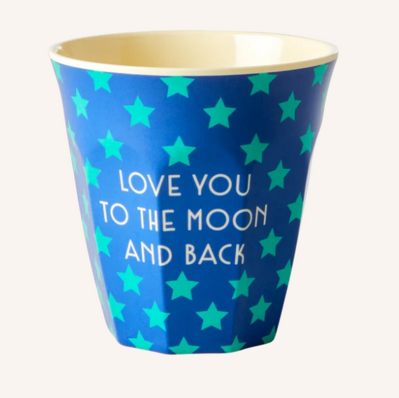 Bicchiere acqua in melamina decorato stelle e scritta “Love you to the moon and back”